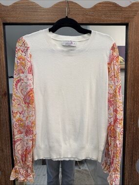Cream Sweater with Pink & Yellow Paisley Sleeves